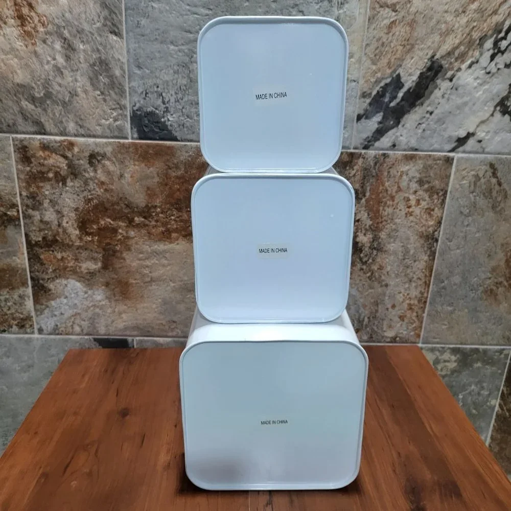 Nesting Square White & Silver Tin Cans Set of 3